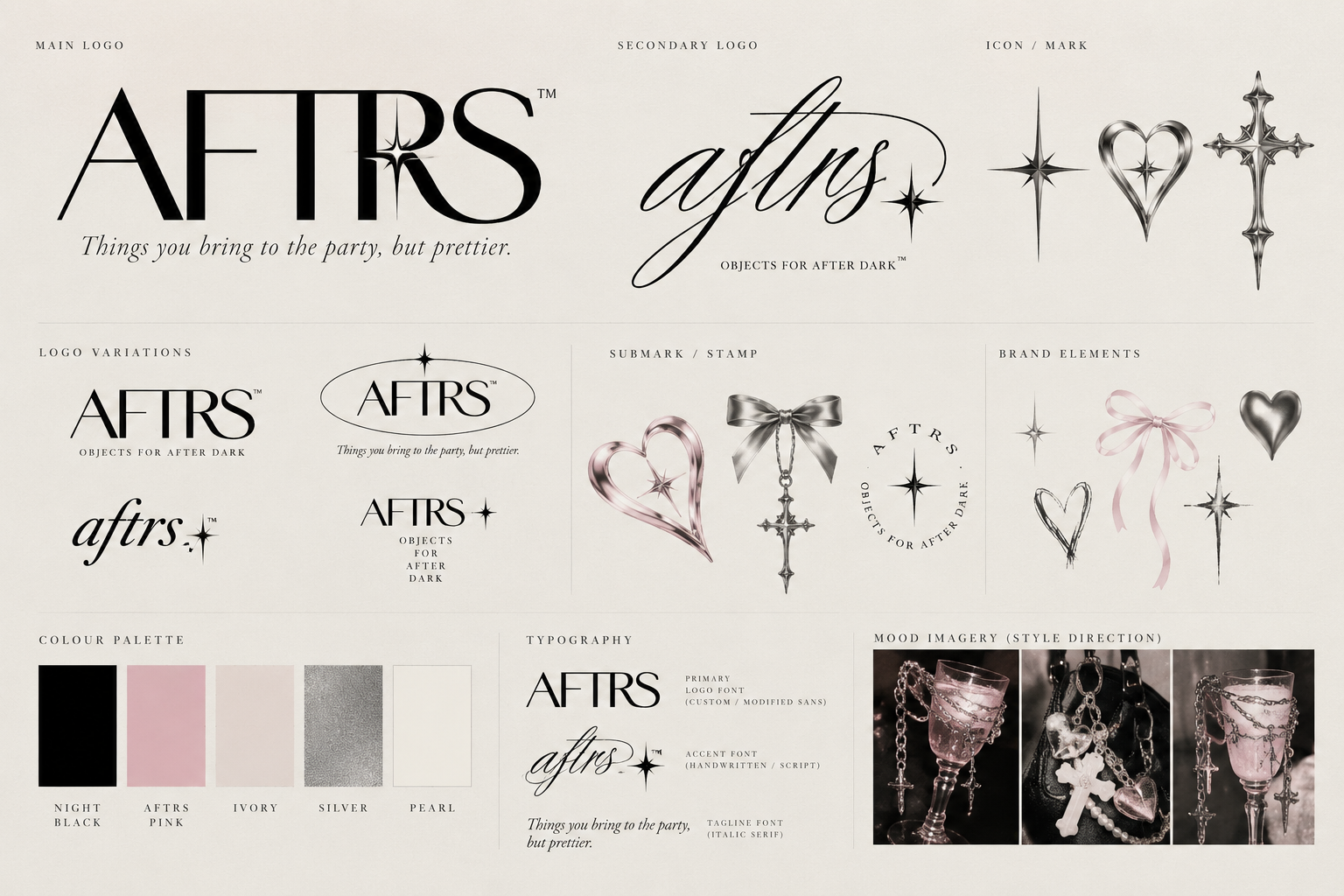 AFTRS visual identity with silver stars, hearts, bows, and gothic crosses